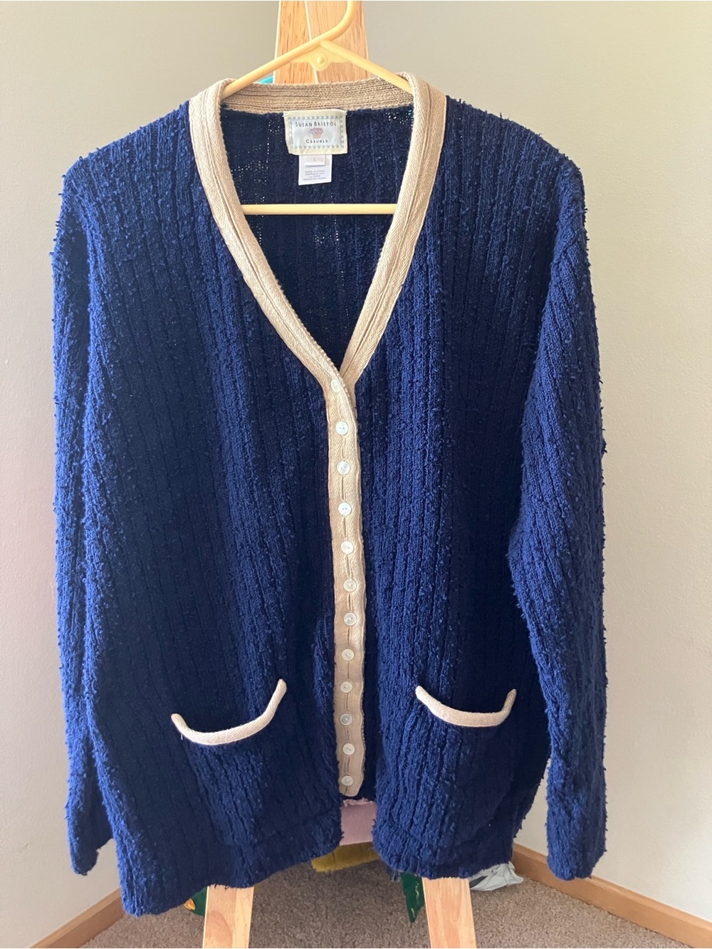 Susan Bristol Navy Blue Textured Cardigan Sweater with Cream Trim and Pockets